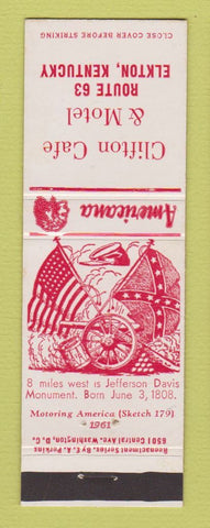 Matchbook Cover - Clifford Motel Elkton KY Civil War Perkins Americana WHITE