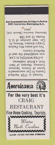 Matchbook Cover - Craig Restaurant Winton NC Perkins Americana WHITE