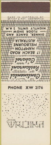 Matchbook Cover - Continental Restaurant Cararet Melbourne