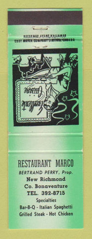 Matchbook Cover - Restaurant Marco New Richmond Bonaventure QC