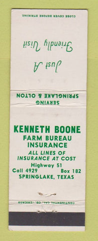 Matchbook Cover - Kenneth Boone Insurance Springlake TX