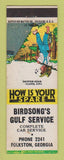 Matchbook Cover - Birdsong's Gulf oil gas Folkston GA WEAR
