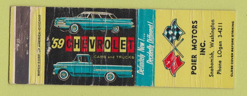 Matchbook Cover - 1959 Chevrolet Poier Motors Snohomish WA POOR