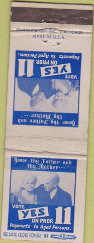 Matchbook Cover - Vote Yes Prop 11 Social Security WEAR
