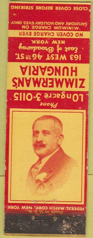 Matchbook Cover - Zimmerman's Hungaria Restaurant NY