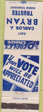 Matchbook Cover - Elect Carlos Bryan Noble Township