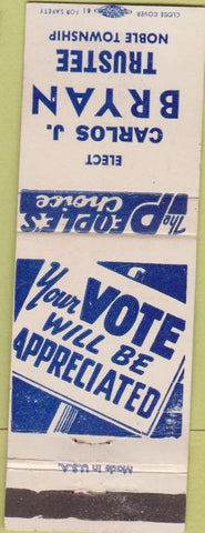 Matchbook Cover - Elect Carlos Bryan Noble Township