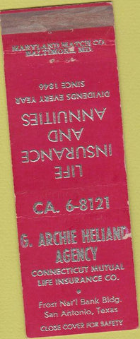 Matchbook Cover - Archie Heliand Insurance San Antonio TX red