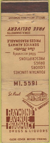 Matchbook Cover - Raymond Ave Pharmacy St Paul MN WORN