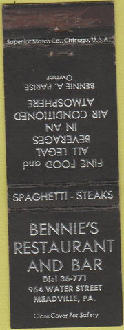 Matchbook Cover - Bennie's Restaurant  and  Bar Meadville PA