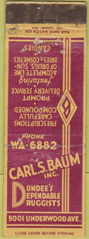Matchbook Cover - Chas Baum Dundee's Druggist WORN
