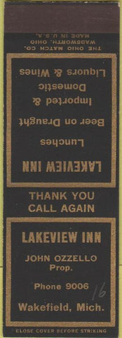 Matchbook Cover - 1930s Lakeview Inn Wakeield MI