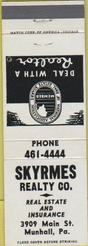Matchbook Cover - Skyrmes Realty Co Munhall PA