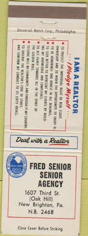 Matchbook Cover - Fred Senior Agency New Brighton PA