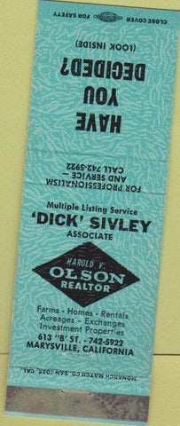 Matchbook Cover - Dick Sivley Olson Realtor Marysville CA