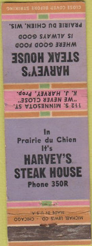 Matchbook Cover - Harvey Steak House Prairie Cu Chien WI