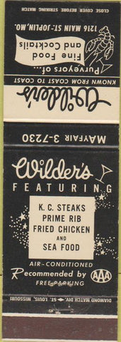 Matchbook Cover - Wilder's Restaurant Joplin MO martini