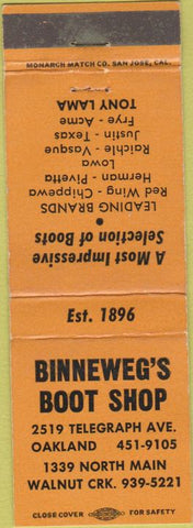 Matchbook Cover - Binneweg Boot Shop Walnut Creek CA
