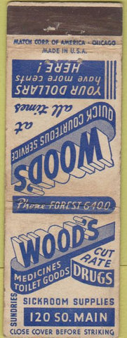 Matchbook Cover - Wood's Cut Rate Drugs Sickroom Supplies