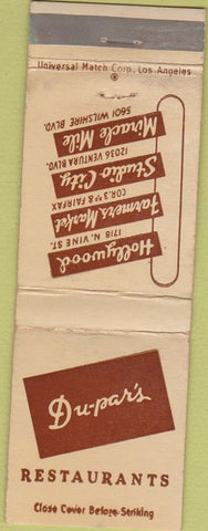 Matchbook Cover - Du-par's Restaurant Hollywood CA