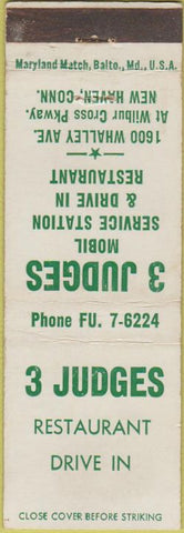 Matchbook Cover - 3 Judges Mobil Gas Station New Haven CT