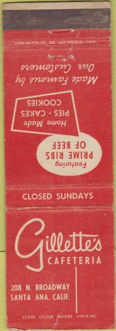 Matchbook Cover - Gillette's Cafeteria Santa Ana CA