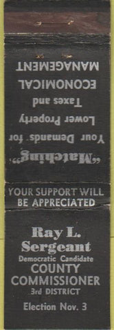 Matchbook Cover - Ray Sergeant County Commissioner