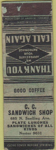 Matchbook Cover - C.C. Sandwich Shop Good Coffee WORN