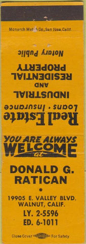 Matchbook Cover - Donald G. Ratican Real Estate Walnut CA