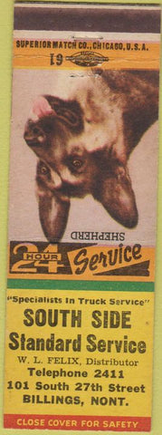 Matchbook Cover - South Side Standard Gas Billings MT Dog
