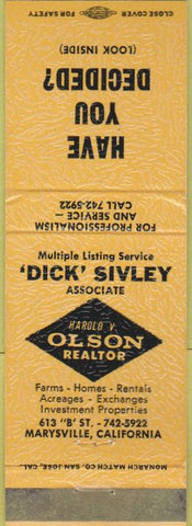Matchbook Cover - Harold Olson Realtor Marysville CA
