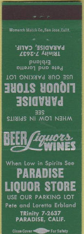 Matchbook Cover - Paradise Liquor Store Paradise CA