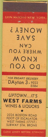 Matchbook Cover - West Farms Liquor Store Bronx NY