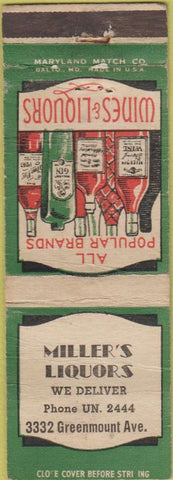 Matchbook Cover - Miller's Liquor no town WEAR