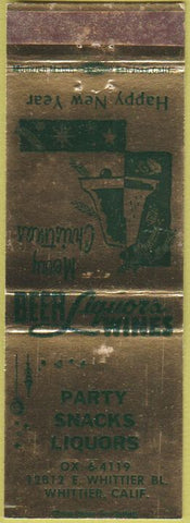 Matchbook Cover - Party Snacks Liquors Whittier CA Christmas
