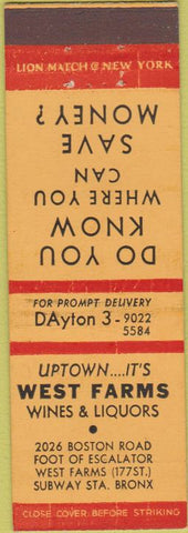 Matchbook Cover - West Farms Liquors Bronx NY