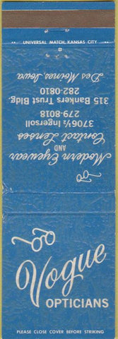 Matchbook Cover - Vogue Opticians Des Moines IA blue