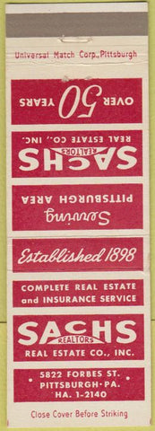 Matchbook Cover - Sachs Real Estate Pittsburgh PA