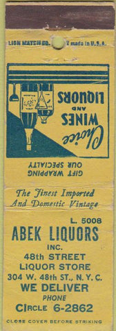Matchbook Cover - Abek Liquors New York NY