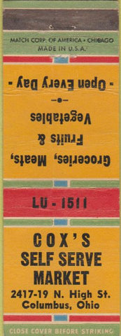 Matchbook Cover - Cox's Self Serve Market Columbus OH