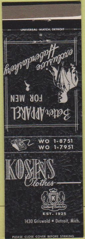 Matchbook Cover - Kosins Men's Clothes Detroit MI