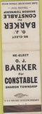 Matchbook Cover - Vote OJ Barker Constable Sharon Township