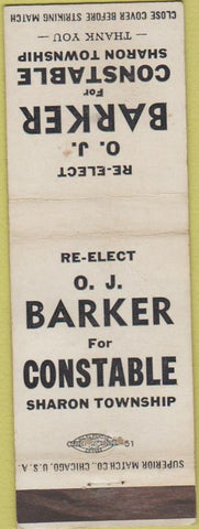 Matchbook Cover - Vote OJ Barker Constable Sharon Township