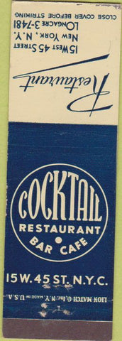 Matchbook Cover - Cocktail Restaurant  and  Bar New York NY