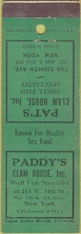 Matchbook Cover - Paddy's Clam House New York City NY