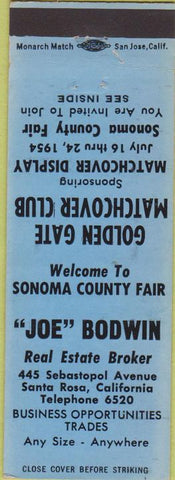 Matchbook Cover - Joe Bodwin Matchbook Sonoma Fair 1954 CA