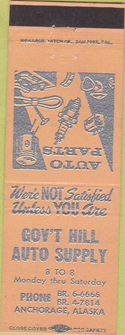 Matchbook Cover - Government Hill Auto Supply Anchorage AK peach