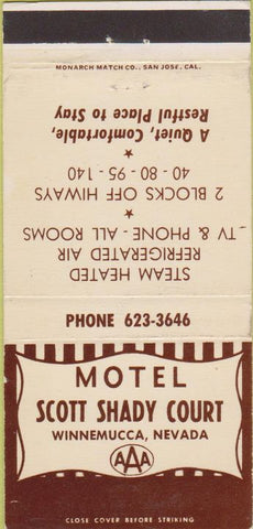 Matchbook Cover - Motel Scott Shady Court Winnemucca NV 30 Strike