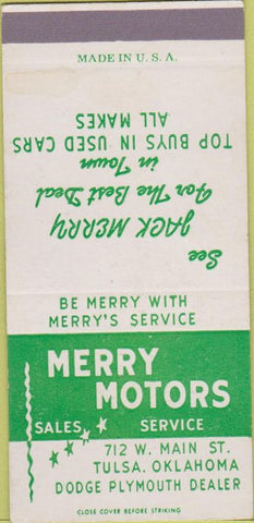 Matchbook Cover - Merry Motors Dodge Plymouth Tulsa OK SAMPLE 30 Strike