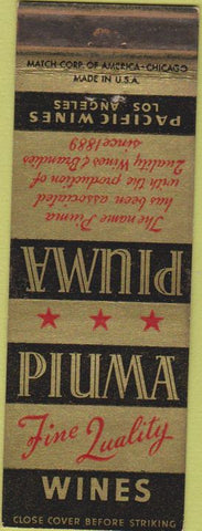 Matchbook Cover - Piuma Wine Brandy Los Angeles CA